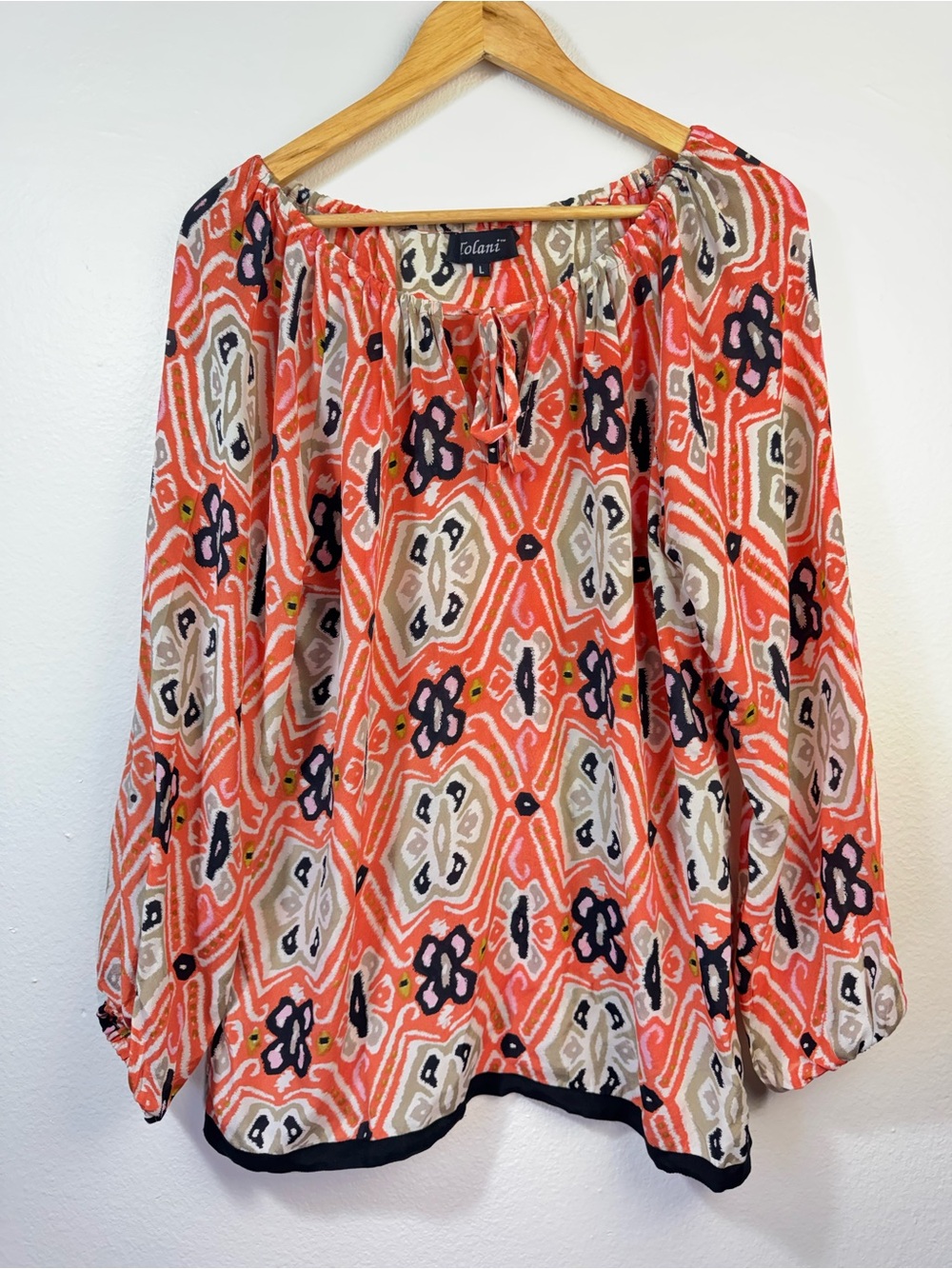 Tolani 100% Silk Coral Abstract Print Peasant Blouse Large